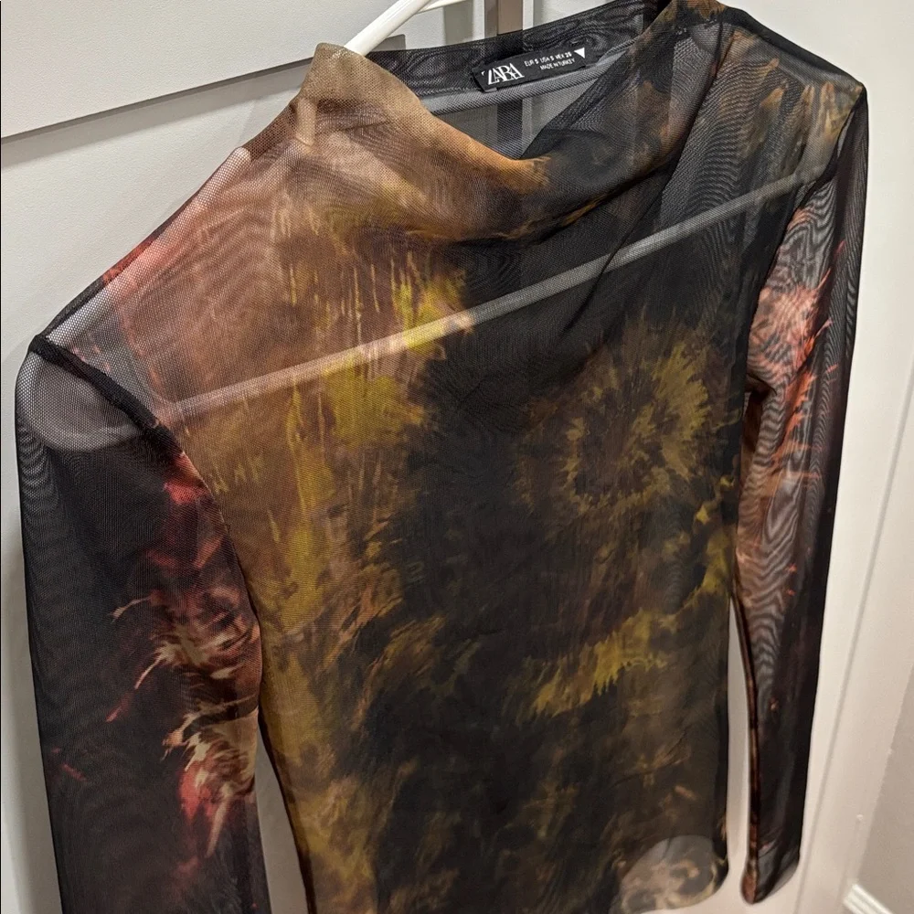 Zara Sheer Long Sleeve Top - Black, Brown, Tan - Picture 4 of 7